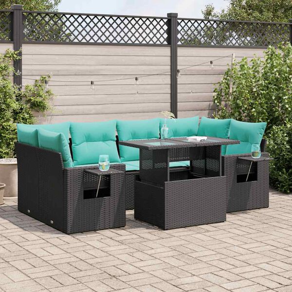 vidaXL 7 Piece Garden Sofa Set with Cushions Black Poly Rattan Acacia
