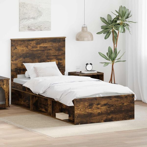 vidaXL Bed Frame with Headboard Smoked Oak 90 x 200 cm Solid Pine Wood
