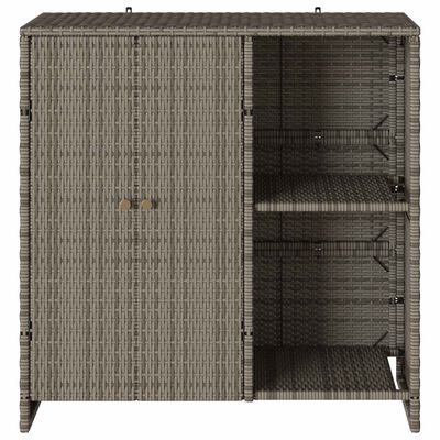Woven storage cabinet with double doors closed on the left and interior shelving visible on the right.