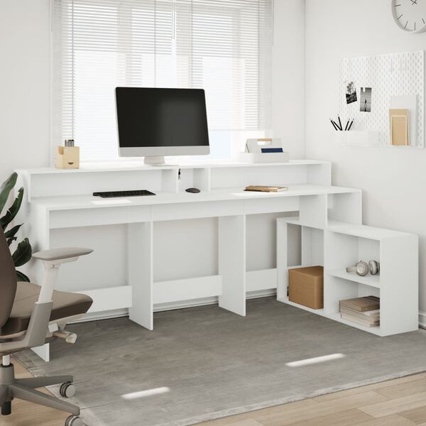 vidaXL Desk with LED Lights White 200x104x91 cm Engineered Wood