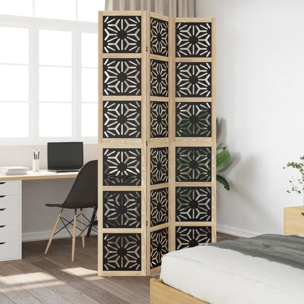 vidaXL Room Divider 3 Panels Brown and Black Solid Wood Paulownia