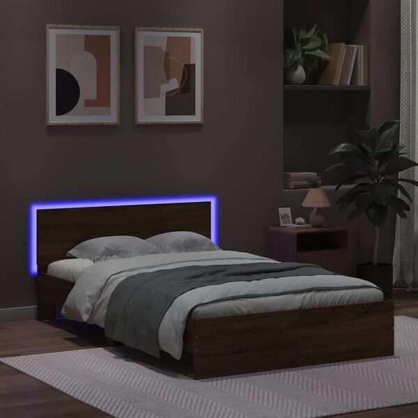 vidaXL Bed Frame with Headboard and LED Brown Oak 135x190 cm Double