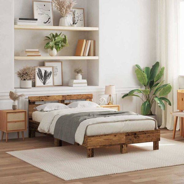 vidaXL Bed Frame with LED Old Wood 120 x 190 cm Engineered Wood