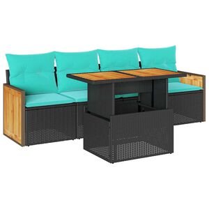 vidaXL 5 Piece Garden Sofa Set with Cushions Black Poly Rattan Acacia