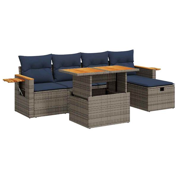 vidaXL 6 Piece Garden Sofa Set with Cushions Grey Poly Rattan Acacia