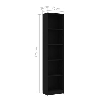 vidaXL 5-Tier Book Cabinet Black 40x24x175 cm Engineered Wood