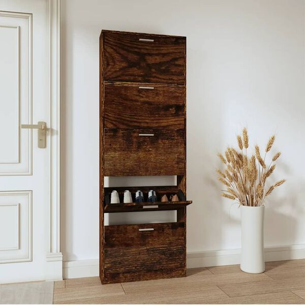 vidaXL Shoe Cabinet Smoked Oak 59x17x169 cm Engineered Wood