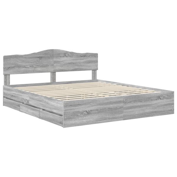vidaXL Bed Frame with Drawer Grey Sonoma 200 x 200 cm Engineer Wood