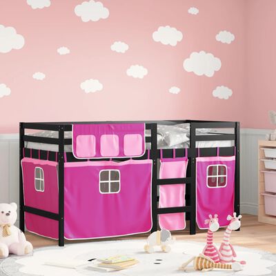 vidaXL Kids' Loft Bed with Curtains Pink 80x200 cm Solid Wood Pine