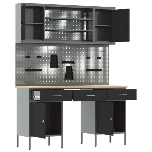 vidaXL Work Bench with Drawer 7 pcs Black 150 x 55 x 200 cm Steel