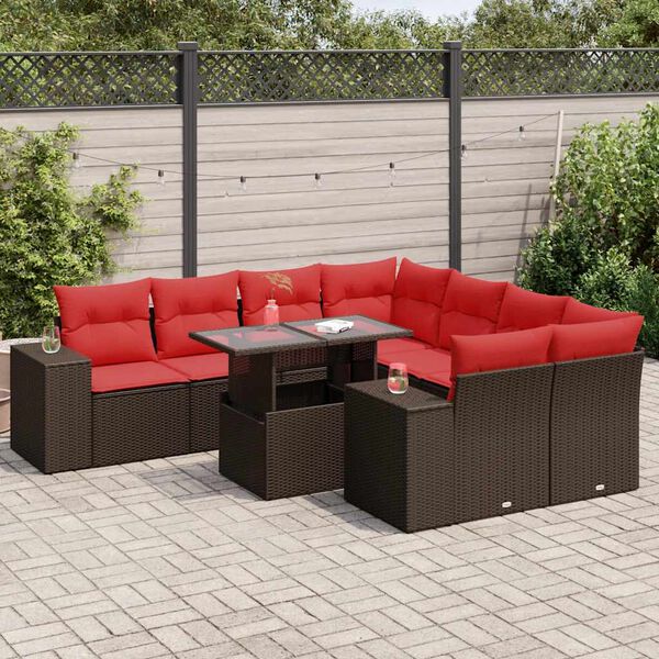 vidaXL 9 Piece Garden Sofa Set with Cushions Brown Poly Rattan Acacia