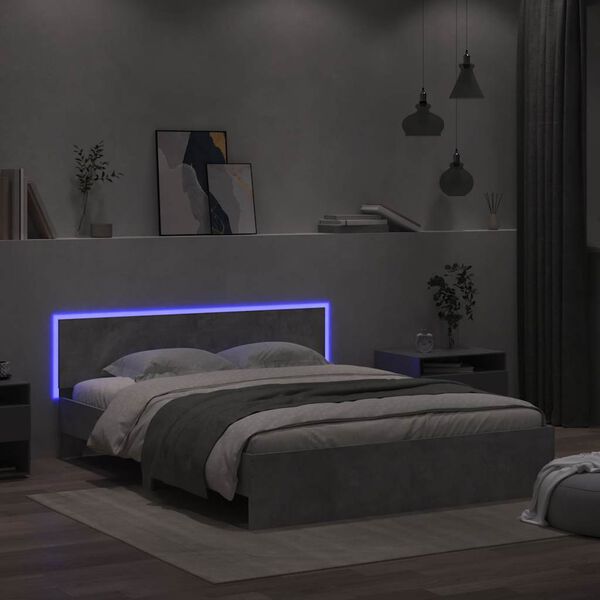 vidaXL Bed Frame with Headboard and LED Concrete Grey 150x200 cm King Size