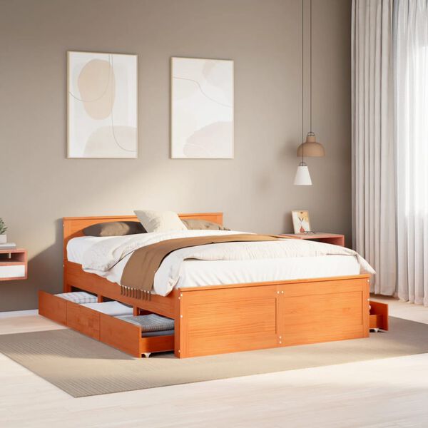 vidaXL Bed Frame without Mattress with Headboard Wax Brown 160x200 cm Solid Wood Pine