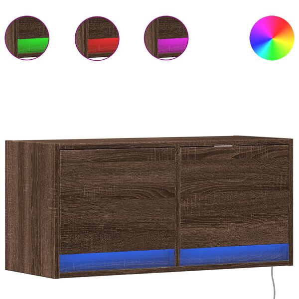 vidaXL TV Wall Cabinet with LED Lights Brown Oak 80x31x35 cm