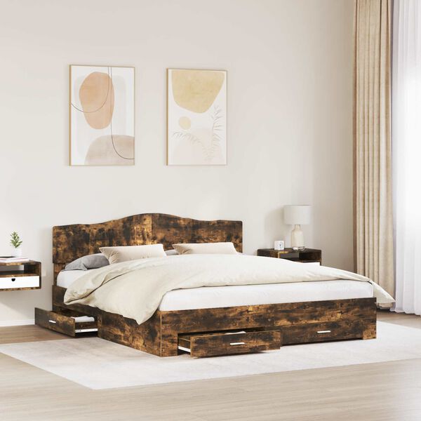 vidaXL Bed Frame with Drawer Smoked Oak 200 x 200 cm Engineered Wood