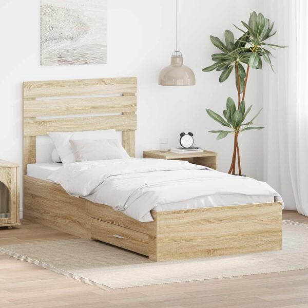 vidaXL Bed Frame Sonoma Oak and Silver 75 x 190 cm Engineered Wood