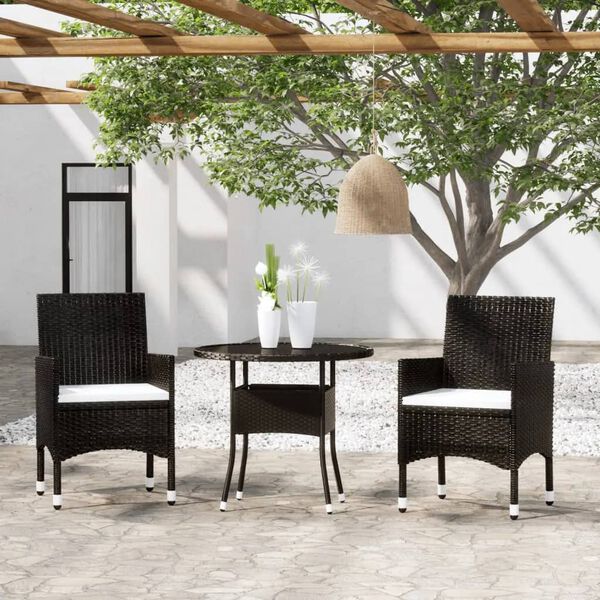 vidaXL 3 Piece Garden Bistro Set Poly Rattan and Tempered Glass Black
