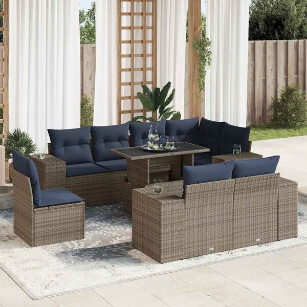 vidaXL 9 Piece Garden Sofa Set with Cushions Grey Poly Rattan Acacia