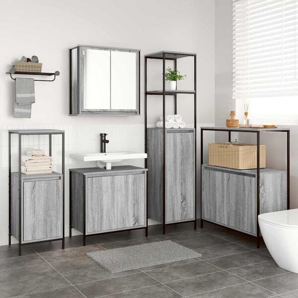 vidaXL Bathroom Furniture Set with Shelf 5 pcs Grey Sonoma and Black