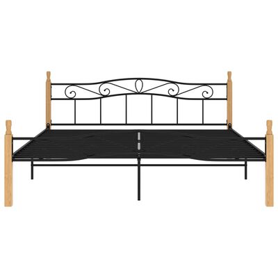 vidaXL Bed Frame Black Metal and Solid Oak Wood 180x200 cm Super King