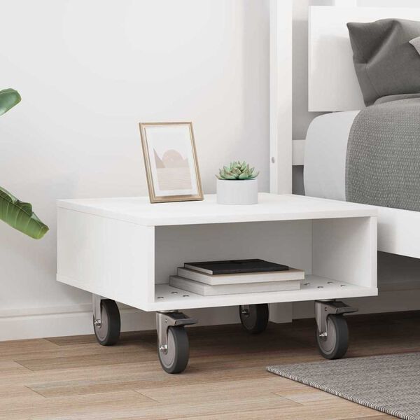 vidaXL Side Table with Wheels White 50.5 x 50 x 30 cm Engineered Wood