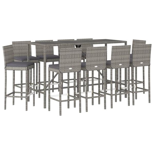 vidaXL 11 Piece Garden Bar Set with Cushions Grey Poly Rattan