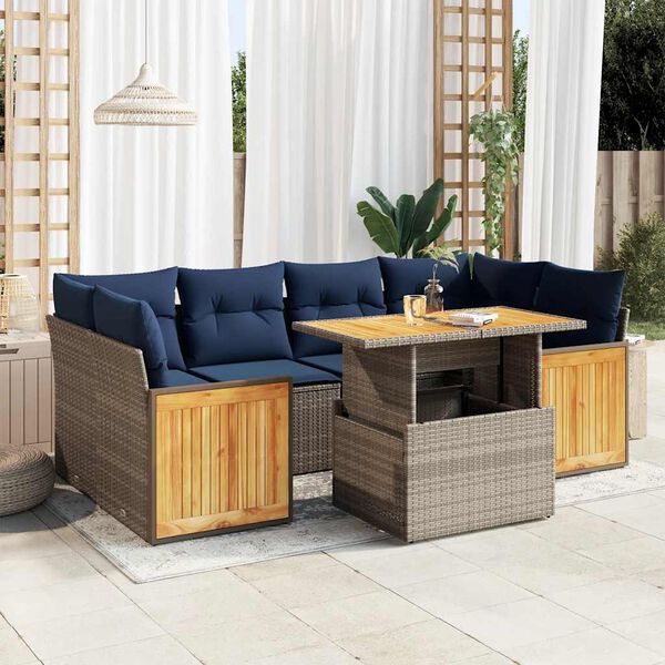 vidaXL 7 Piece Garden Sofa Set with Cushions Grey Poly Rattan Acacia