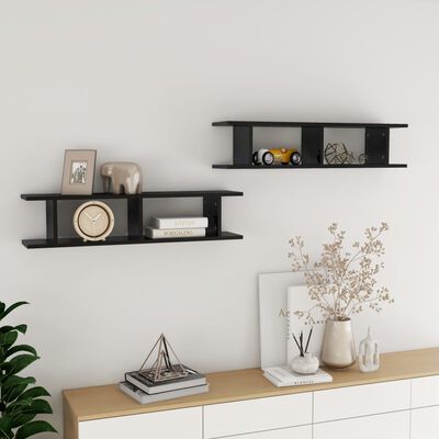 vidaXL Wall Shelf 2 pcs High Gloss Black 90x18x20 cm Engineered Wood