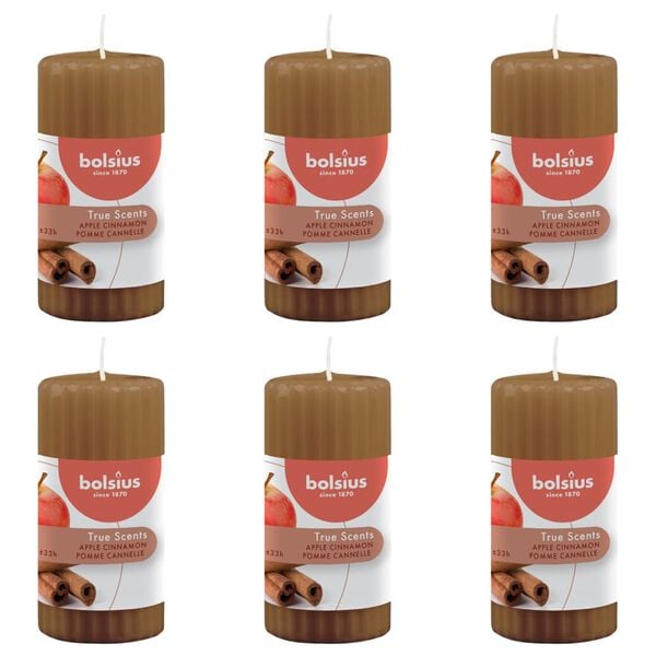 Bolsius Ribbed Pillar Scented Candles 6 pcs 120x58 mm Apple Cinnamon