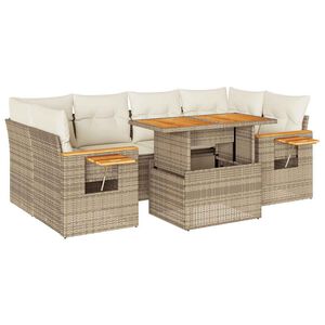 vidaXL 7 Piece Garden Sofa Set with Cushions Beige Poly Rattan Acacia
