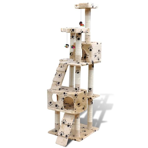 vidaXL Cat Tree Cat Scratching Post 170 cm 2 Condos Beige with Pawprints