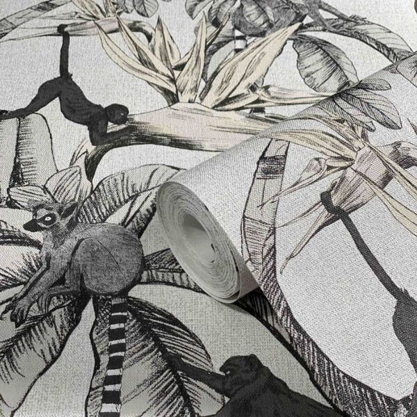Noordwand Wallpaper Topchic Monkey Jungle Leaves Grey and Black