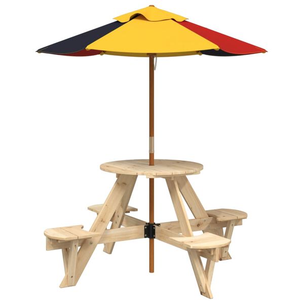 vidaXL Picnic Table for 4 Kids with Umbrella Round Solid Wood Fir
