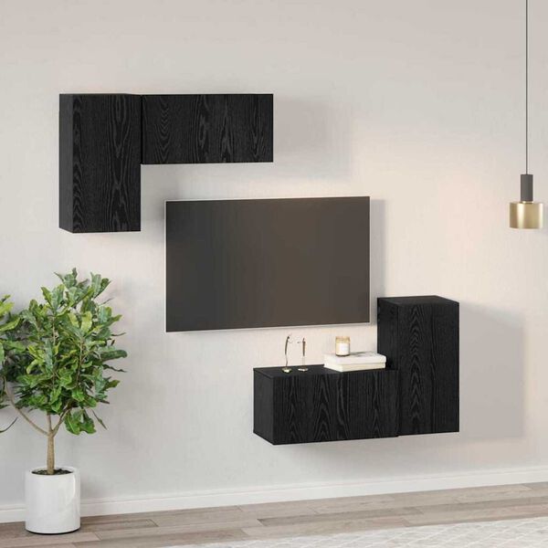 vidaXL TV Cabinet Set Wall-mounted Black Oak Engineered Wood