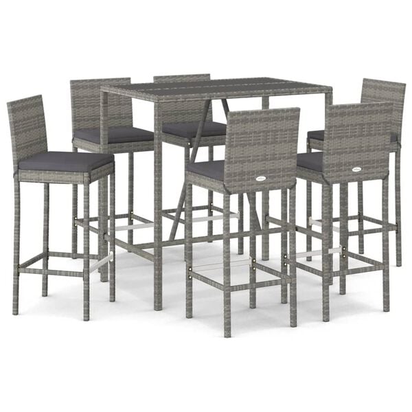 vidaXL 7 Piece Garden Bar Set with Cushions Grey Poly Rattan