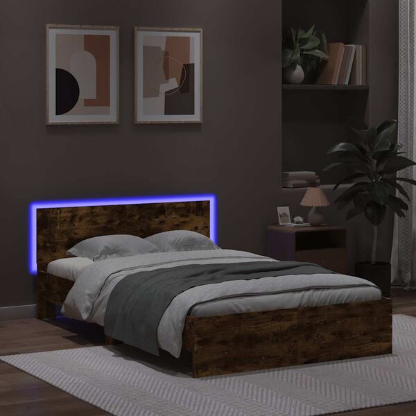 vidaXL Bed Frame with Headboard and LED Smoked Oak 135x190 cm Double