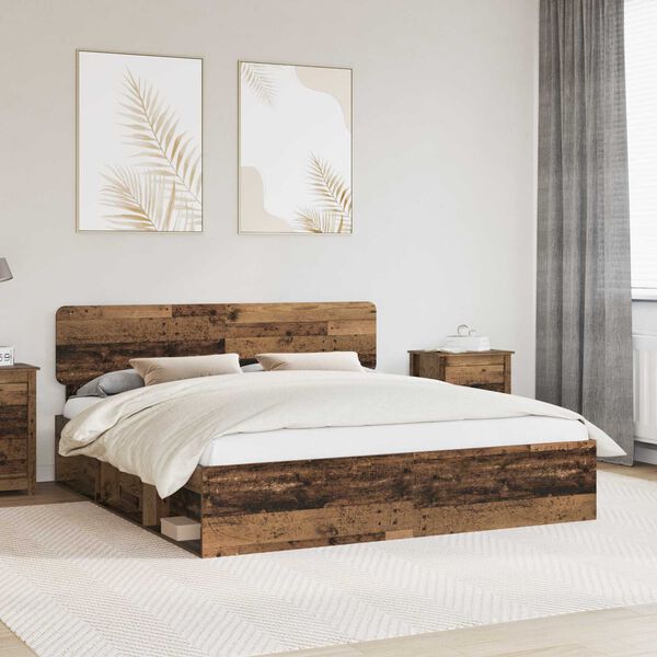 vidaXL Bed Frame with Headboard Old Wood 200 x 200 cm Solid Pine Wood