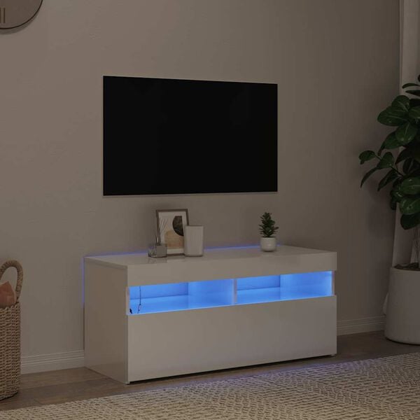 vidaXL TV Cabinet with LED Lights High Gloss White 90x35x40 cm