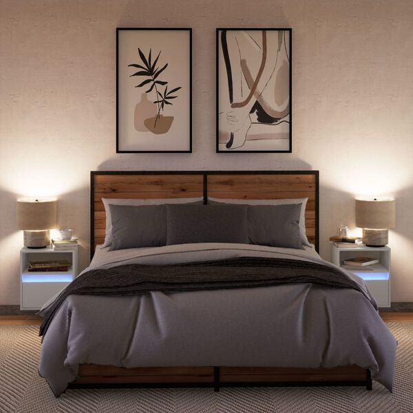 vidaXL Wall-mounted Bedside Cabinets with LED Lights 2 pcs White