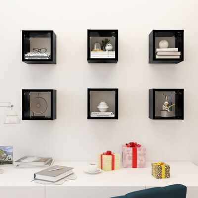 vidaXL Wall Cube Shelves 6 pcs High Gloss Black 22x15x22 cm