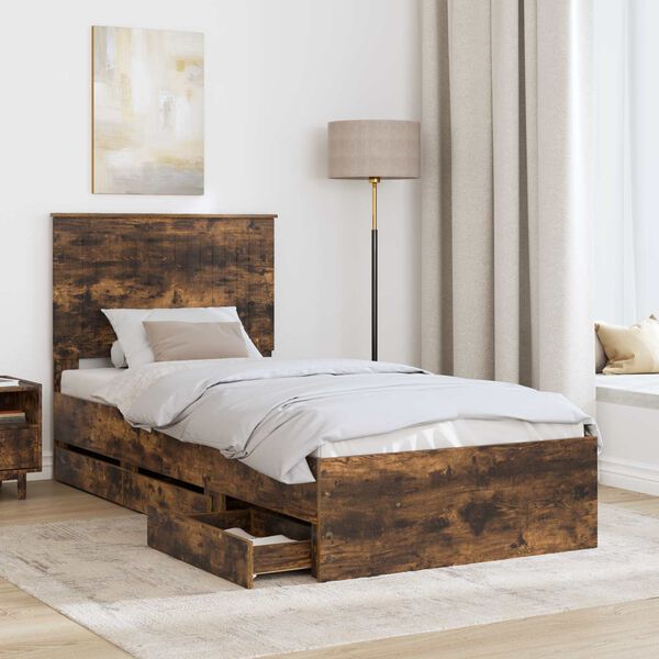 vidaXL Bed Frame with Drawer Smoked Oak 90 x 200 cm Engineer Wood