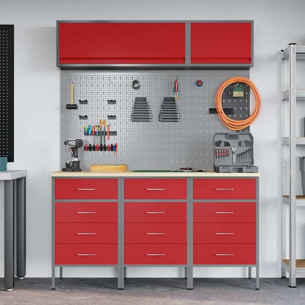 vidaXL Work Cabinet Set with Drawer with Storage Manual 8 pcs Red