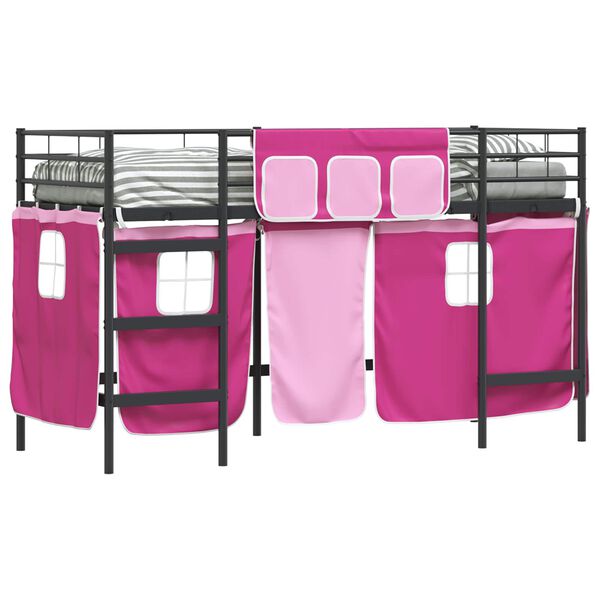 vidaXL Kids'Loft Bed Frame with Curtains Black and Pink 74.5 x 190 cm