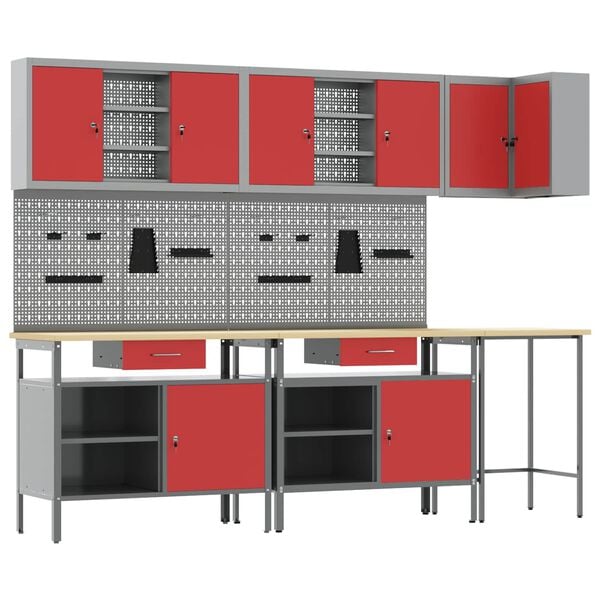 vidaXL Work Cabinet Set with Drawer with Shelf 10 pcs Red and Grey