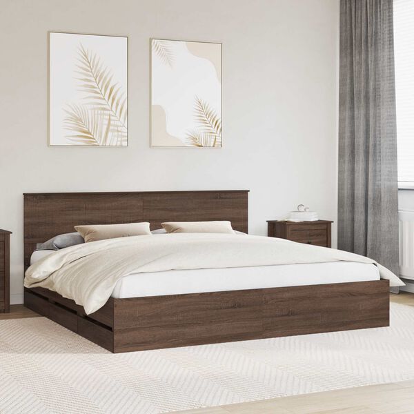 vidaXL Bed Frame with Drawer Brown Oak 200 x 200 cm Engineer Wood