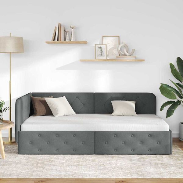 vidaXL Corner Bed Frame with Headboard Dark Grey 90 x 190 cm Fabric
