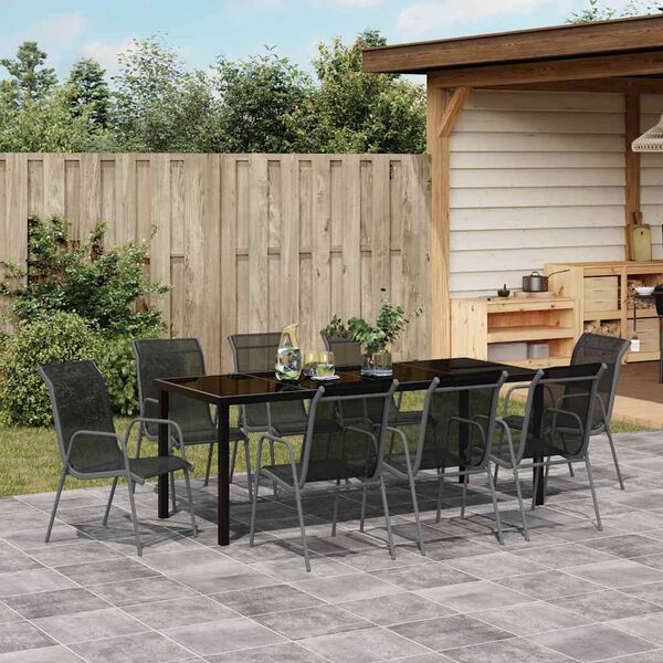 vidaXL Garden Dining Set 9 pcs Black Powder-Coated Steel