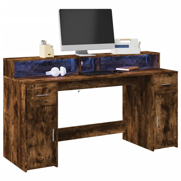 vidaXL Desk with LED Lights Smoked Oak 160x55x91 cm Engineered Wood