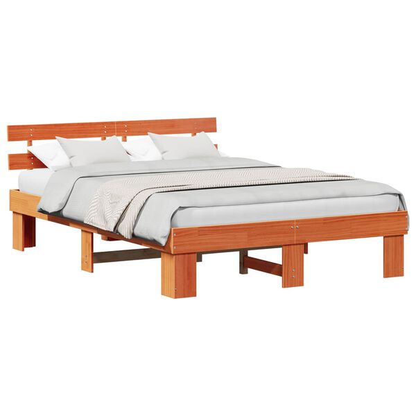 vidaXL Bed Frame with Headboard Wax Brown 160 x 200 cm Solid Pine Wood