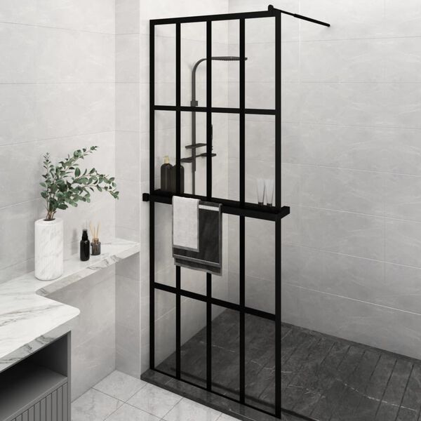 vidaXL Walk-in Shower Wall with Shelf Black 80x195 cm ESG Glass&Aluminium